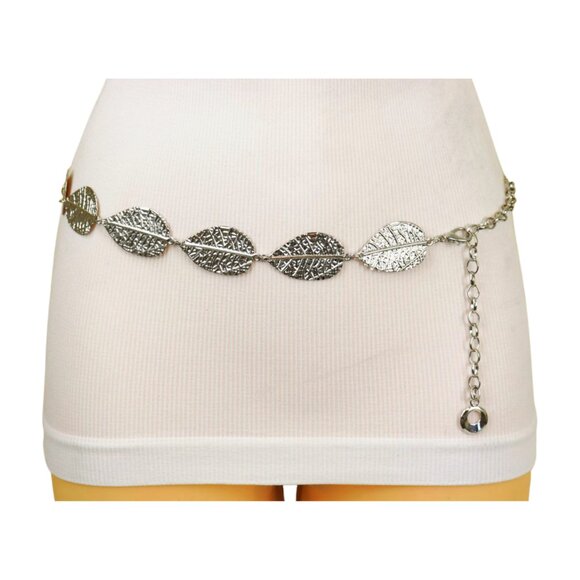 Women Silver Metal Chain Wrap Around Fashion Belt Leaf Charms Adjustable Fit S M main image 16